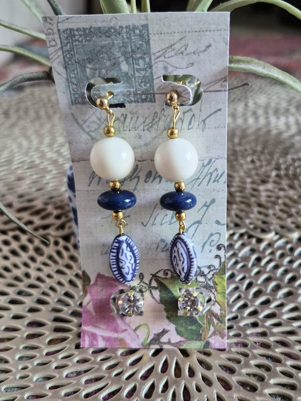 Gold-Tone Blue and White Bead Drop Earrings